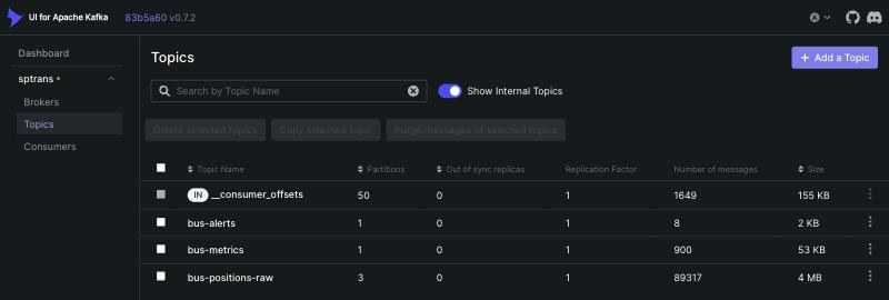 Kafka UI com os tópicos bus-positions-raw, bus-metrics e bus-alerts